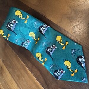 Vintage Bunbury Looney‎ Tunes Sylvester & Tweety Bird Tie Necktie Handmade Silk